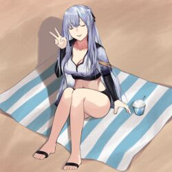  ak-12_(age_of_slushies)_(girls&#039;_frontline) ak-12_(girls&#039;_frontline) beach beach_mat bodysuit bow breasts cleavage closed_eyes collarbone commentary feet female food girls&#039;_frontline grey_hair hairbow highres ice_cream long_hair medium_breasts navel official_alternate_costume open_mouth shaved_ice simple_background sitting smile solo swimsuit talnory toes v 