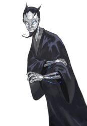  1boy absurdres android black_clothes black_hair blue_eyes commentary facial_hair goatee hair_slicked_back highres japanese_clothes kimono korean_commentary long_sleeves male_focus original simple_background skeletal_arm solo string toot white_background wide_sleeves 