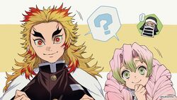  ... 1boy ? black_headwear blonde_hair blush braid cape chibi chibi_inset closed_mouth colored_tips crossed_arms dalc_rose demon_slayer_uniform female forked_eyebrows furrowed_brow green_eyes green_hair hand_on_own_chin hat head_tilt highres kakushi_(kimetsu_no_yaiba) kanroji_mitsuri kimetsu_no_yaiba long_hair looking_at_viewer mole mole_under_eye motion_lines mouth_veil multicolored_hair pink_hair pink_lips portrait red_eyes red_hair rengoku_kyoujurou spoken_ellipsis spoken_question_mark streaked_hair stroking_own_chin sweatdrop uniform veil white_cape 