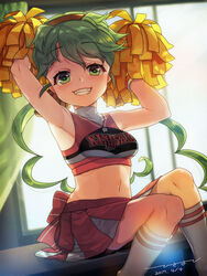  blush cheerleader crop_top ensemble_girls! female green_eyes green_hair harukaze_nana headband hisayoshi_(hisa) long_hair looking_at_viewer orange_headband pom_pom_(cheerleading) red_shirt red_skirt shirt short_sleeves skirt smile socks solo teeth twintails white_socks 