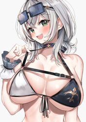  absurdres bikini blush breasts breasts_apart chest_belt choker collarbone eyewear_on_head female front-tie_bikini_top front-tie_top green_eyes grey_hair highres holding holding_clothes holding_swimsuit hololive large_breasts medium_hair nemun_(tamizzz) open_mouth shirogane_noel shirogane_noel_(summer_2020) solo sunglasses swimsuit upper_body virtual_youtuber wavy_hair white_background 