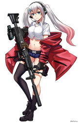  absurdres black_choker black_footwear black_gloves black_legwear blue_eyes blue_shorts breasts chinese_commentary choker closed_mouth collarbone collared_shirt commentary_request crop_top dress_shirt female full_body general_dynamics_lwmmg girls&#039;_frontline gloves gradient_hair gun hair_between_eyes hair_ornament hairclip headphones headset highres holding holding_gun holding_weapon hood hood_down hooded_jacket jacket long_hair long_sleeves looking_at_viewer lwmmg_(girls&#039;_frontline) medium_breasts midriff multicolored_hair navel ndtwofives off_shoulder open_clothes open_jacket pink_hair red_jacket shirt shoes short_shorts shorts simple_background single_sock single_thighhigh smile socks solo thighhighs twintails twitter_username very_long_hair weapon white_background white_hair white_shirt 