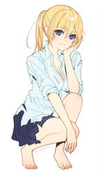  barefoot blonde_hair blue_eyes blue_skirt breasts check_commentary cleavage closed_mouth commentary_request female full_body highres looking_at_viewer onishima_homare sagara_riri shirt simple_background skirt sleeves_rolled_up smile solo sounan_desuka? squatting torn_clothes twintails twitter_username white_background white_shirt 