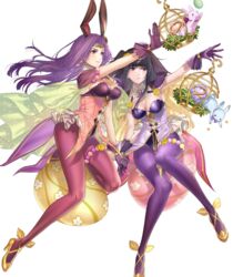  2girls animal_ears black_hair blunt_bangs breasts brown_eyes circlet cleavage detached_collar fake_animal_ears fire_emblem fire_emblem_awakening fire_emblem_echoes:_shadows_of_valentia fire_emblem_gaiden fire_emblem_heroes gloves grey_eyes high_heels highres kippu large_breasts long_hair multiple_girls non-web_source official_art outstretched_arm pantyhose parted_lips purple_gloves purple_hair purple_legwear rabbit rabbit_ears shirt smile sonya_(fire_emblem_gaiden) sonya_(spring)_(fire_emblem) strapless strapless_shirt tharja_(fire_emblem) tharja_(spring)_(fire_emblem) thighs transparent_background yellow_footwear 