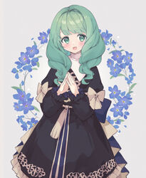  blush bow commentary dress female fire_emblem fire_emblem:_three_houses flayn_(fire_emblem) flower garreg_mach_monastery_uniform green_eyes green_hair highres long_hair long_sleeves looking_at_viewer mola_mola open_mouth own_hands_together simple_background smile solo 