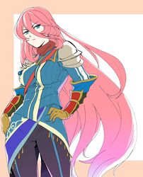  armor black_pants blue_eyes blue_jacket blue_ribbon breasts collared_jacket cowboy_shot female frown gloves hair_between_eyes hand_on_own_hip highres jacket large_breasts long_hair megido72 pants pink_hair ribbed_jacket ribbon sash shiina_satsuki_(pixiv2890507) shoulder_armor solo very_long_hair vual_(megido72) 