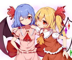  2girls arm_up ascot back_bow bat_wings belt black_ribbon blonde_hair blue_hair blush bow breasts buttons closed_mouth collarbone collared_dress collared_shirt commentary_request crystal dress eyelashes flandre_scarlet frills gem gradient_background hair_between_eyes hair_ribbon hand_on_another&#039;s_shoulder hand_on_own_hip hand_up jewelry large_bow medium_breasts multicolored_wings multiple_girls no_headwear oerba_yun_fang one_eye_closed one_side_up pink_dress puffy_short_sleeves puffy_sleeves purple_background red_ascot red_belt red_bow red_dress red_eyes red_ribbon remilia_scarlet ribbon shirt short_hair short_sleeves siblings sisters smile snozaki standing tongue tongue_out touhou white_background white_shirt wings wrist_cuffs yellow_ascot 