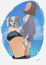  2girls alternate_costume ass back bare_shoulders blue_eyes blue_one-piece_swimsuit competition_swimsuit cropped_legs girls&#039;_frontline heterochromia highres jellyfish kion-kun kord_(girls&#039;_frontline) lifebuoy_hair_ornament light_brown_hair looking_at_another looking_at_viewer m1895_cb_(girls&#039;_frontline) mouth_hold multiple_girls nude on_water one-piece_swimsuit pink_eyes portuguese_man_o&#039;_war shirt short_hair simple_background standing swimsuit thighs twintails twitter_username wet wet_clothes wet_shirt white_shirt 