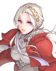  alternate_costume alternate_hairstyle armor axe breastplate breasts cape edelgard_von_hresvelg female fire_emblem fire_emblem:_three_houses fire_emblem_warriors:_three_hopes garreg_mach_monastery_uniform hair_ornament hair_ribbon long_hair long_sleeves looking_at_viewer official_alternate_costume official_alternate_hairstyle open_mouth purple_eyes red_cape ribbon robaco simple_background solo white_hair 