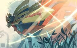  commentary_request fog from_below glint grass looking_at_viewer looking_back mouth_hold no_humans outdoors pokemon pokemon_(creature) rozu_ki solo standing sword weapon yellow_eyes zacian zacian_(crowned) 