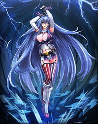  absurdres american_flag_legwear arms_up asymmetrical_legwear azur_lane black_gloves blue_eyes blue_hair boots breasts cleavage clothing_cutout collar commission cosplay detached_sleeves eagle_union_(emblem) female fingerless_gloves garter_straps gloves hair_between_eyes high_heel_boots high_heels highres iowa_(kancolle) iowa_(kancolle)_(cosplay) kantai_collection large_breasts long_hair looking_at_viewer metal_collar miniskirt mismatched_legwear navel_cutout new_jersey_(azur_lane) second-party_source skirt solo striped_clothes striped_skirt striped_thighhighs thighhighs trait_connection vertical-striped_clothes vertical-striped_skirt vertical-striped_thighhighs very_long_hair wrist_cuffs zephyrus_(zephyrial) zettai_ryouiki 