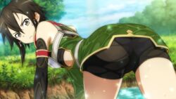  ass black_eyes black_hair black_panties black_shorts day detached_sleeves female game_cg highres looking_at_viewer non-web_source official_art outdoors panties see-through shorts sinon sinon_(sao:hf) solo source_request sword_art_online sword_art_online:_hollow_fragment underwear water wet 