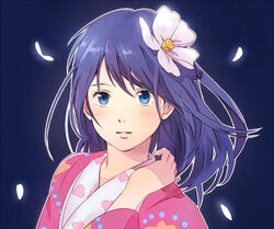  bad_id bad_pixiv_id blue_background blue_eyes blue_hair close-up commentary_request dark_background dark_blue_hair facing_viewer female floating_hair floral_print flower glowing glowing_petals hair_flower hair_ornament hand_up honoboooono japanese_clothes kaze_tachinu kimono light_blush light_smile looking_afar medium_hair outline parted_lips petals pink_kimono polka_dot polka_dot_kimono satomi_naoko simple_background solo upper_body white_flower white_outline 