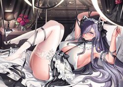  absurdres armpits ass august_von_parseval_(azur_lane) august_von_parseval_(the_conquered_unhulde)_(azur_lane) azur_lane bed blue_eyes blue_hair blush breasts commentary_request curled_horns female flower full_body hair_over_one_eye highres horns large_breasts long_bangs long_hair looking_at_viewer lying madaeng maid mechanical_horns official_alternate_costume on_back pillow red_flower red_rose rose shoes solo sweat thighhighs unworn_shoes white_thighhighs 