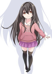  black_hair black_thighhighs blush brown_eyes closed_mouth commentary_request creek_(moon-sky) drawstring eyebrows_hidden_by_hair female full_body hair_between_eyes hood hood_down hoodie lolicon long_hair long_sleeves looking_at_viewer no_shoes original pink_hoodie pleated_skirt purple_skirt silhouette skirt smile solo standing thighhighs very_long_hair white_background 