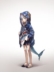  a_bathing_ape animal_hood blue_eyes blue_hair blue_hoodie blush camouflage_hoodie eyebrows_hidden_by_hair female fins fish_tail flip-flops gawr_gura gawr_gura_(1st_costume) grey_background grey_hair highres hololive hololive_english hood hoodie ikonavi_next multicolored_hair sandals shark_girl shark_hood shark_tail smile solo standing streaked_hair tail virtual_youtuber 