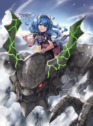  blue_eyes blue_hair braid cake character_request chewing cloud dai-xt day dragon eating female flat_chest flying food fork highres horns kuro_no_shoukanshi long_hair looking_at_viewer outdoors plate pleated_skirt riding skirt sky solo white_horns 