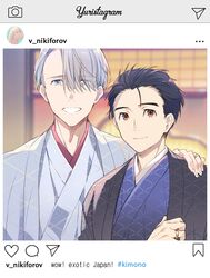  2boys black_hair blue_eyes brown_eyes commentary_request english_text eyes_visible_through_hair fake_screenshot grey_hair hair_slicked_back hand_on_another&#039;s_shoulder instagram japanese_clothes katsuki_yuuri kimono kuroemon makkachin male_focus multiple_boys smile upper_body viktor_nikiforov yuri!!!_on_ice 