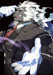  absurd_res anthro black_body black_fur black_sclera clothing felid fuguri fur gloves hair handwear hi_res lifewonders lion live_a_hero male mammal muscular muscular_anthro muscular_male necktie pantherine pinstripes solo suit the_broker tusks white_hair 