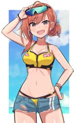  absurdres adjusting_eyewear alternate_hairstyle arisugawa_natsuha arm_up bikini black_eyes blue_sky bracelet breasts cleavage clothes_pull cloud crop_top denim denim_shorts earrings eyewear_on_head female gougoku hair_up hand_on_own_hip highres idolmaster idolmaster_shiny_colors jewelry long_hair looking_at_viewer midriff navel open_mouth orange_hair short_shorts shorts shorts_pull sky smile solo sports_sunglasses sunglasses swimsuit torn_clothes torn_shorts yellow_bikini 