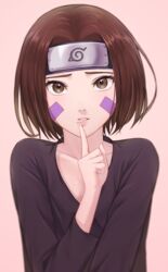  absurdres breasts brown_eyes brown_hair collarbone commentary_request female forehead_protector hands highres lips looking_at_viewer mil_k_vanilla naruto_(series) naruto_shippuuden nohara_rin parted_bangs parted_lips pink_background short_hair simple_background small_breasts solo teeth upper_body 