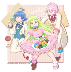  2boys ascot asmodeus_alice blue_eyes blue_hair blue_neckwear blue_vest blunt_bangs brown_footwear demon_boy demon_girl demon_horns demon_tail doughnut dress eating english_text female food formal green_eyes green_hair highres horns looking_at_another looking_at_viewer mairimashita!_iruma-kun manaka_(pdx) multiple_boys oerba_yun_fang pink_ascot pink_dress pink_eyes pink_footwear pink_hair pink_vest pointy_ears smile suit suzuki_iruma tail valac_clara vest white_suit 