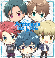  5boys aqua_eyes argonavis_from_bang_dream! bang_dream! blonde_hair blue_hair blush blush_stickers brown_eyes brown_hair clothes_around_waist dark_skin goryou_yuuto green_hair hair_ornament hairclip hood hoodie jacket kikyou_riou matoba_wataru mole mole_under_eye mugi_(iccomae) multiple_boys nanahoshi_ren pink_eyes red_hair scarf shiroishi_banri shirt_around_waist yellow_eyes 