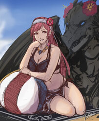  ball bare_arms bare_shoulders beach_towel beachball bikini black_bikini blue_sky breasts cherche_(fire_emblem) cleavage cloud cm_lynarc day dragon female fire_emblem fire_emblem_awakening flower grin hair_flower hair_ornament hairband hand_up highres jewelry long_hair looking_at_viewer minerva_(fire_emblem_awakening) navel necklace outdoors pet pink_flower pink_hair red_eyes sitting sky smile stomach swimsuit thighs towel very_long_hair white_hairband wyvern 