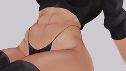  abs bad_id bad_pixiv_id black_panties black_thighhighs breasts close-up female highres navel original panties solo thighhighs thong underwear zaki_(zaki_btw) 