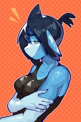  2022 5_fingers abstract_background anthro black_hair blue_body blue_eyes breasts clothed clothing female fingers fish hair half-length_portrait hi_res looking_at_viewer marine pingpenne ponytail portrait shark shirt side_view smile solo tank_top topwear 