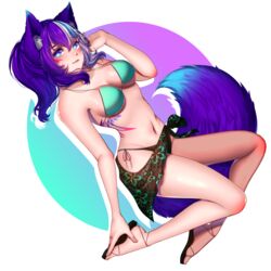  animal_ears artist_request bikini blue_eyes blush cat_ears catgirl cyan_hair fluffy_tail looking_at_viewer multicolored_hair purple_hair simple_background tagme tattoo three_tone_hair white_hair 