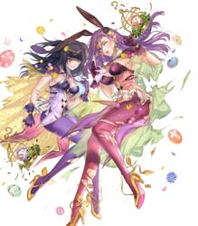  2girls animal_ears black_hair blunt_bangs breasts brown_eyes circlet cleavage detached_collar easter_egg egg fake_animal_ears fire_emblem fire_emblem_awakening fire_emblem_echoes:_shadows_of_valentia fire_emblem_gaiden fire_emblem_heroes gloves grey_eyes high_heels highres kippu large_breasts long_hair multiple_girls non-web_source official_art one_eye_closed open_mouth pantyhose parted_lips pink_pantyhose purple_gloves purple_hair purple_pantyhose rabbit rabbit_ears shirt sonya_(fire_emblem_gaiden) sonya_(spring)_(fire_emblem) strapless strapless_shirt tharja_(fire_emblem) tharja_(spring)_(fire_emblem) thighs torn_clothes torn_pantyhose transparent_background yellow_footwear 