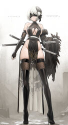  2b_(nier:automata) adapted_costume alternate_costume artist_name bare_shoulders black_blindfold black_footwear black_gloves blindfold boots breasts closed_mouth clothing_cutout commentary copyright_name covered_eyes covered_nipples dishwasher1910 elbow_gloves english_commentary female fingerless_gloves full_body fur_trim gloves groin high_heel_boots high_heels highres katana large_breasts long_legs long_sleeves mask mask_on_head nier:automata nier_(series) ninja no_bra no_panties pelvic_curtain sheath sheathed short_hair sideboob solo standing sweat sword thigh_boots thighhighs thighs weapon white_hair wide_sleeves yoko_taro 