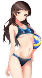  absurdres arm_at_side bare_arms bare_shoulders bikini blue_bikini blush breasts brown_eyes brown_hair closed_mouth collarbone commentary_request cowboy_shot female hand_on_own_hip highres homco idolmaster idolmaster_million_live! kitazawa_shiho long_hair looking_at_viewer navel simple_background small_breasts solo sports_bikini sportswear stomach swimsuit underboob volleyball white_background 