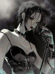  bare_shoulders beks_hd0 belt belt_collar black_background black_belt black_eyes black_hair black_nails breasts cigarette cleavage collar dress ear_piercing earrings eyelashes female fingernails fog gradient_background highres holding holding_cigarette holding_microphone jewelry korean_commentary lipstick looking_at_viewer makeup medium_breasts microphone nail nana_(series) osaki_nana pale_skin parted_bangs parted_lips piercing red_lips short_hair sidelocks sleeveless sleeveless_dress smoke solo strap_slip upper_body 