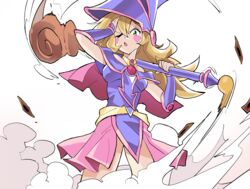  blonde_hair card cowboy_shot dark_magician_girl duel_monster female green_eyes hair_between_eyes hand_on_own_head hat highres holding holding_staff long_hair looking_at_viewer one_eye_closed open_mouth pelvic_curtain pink_skirt showgirl_skirt skirt solo staff toot wizard_hat yu-gi-oh! 