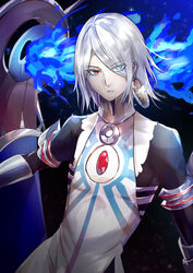  1boy alternate_costume armlet bishounen blue_eyes blue_fire closed_mouth earrings eyes_visible_through_hair fate/extella fate/extella_link fate/extra fate/grand_order fate_(series) fire gem grey_hair hair_over_one_eye heterochromia jewelry karna_(brahma&#039;s_god_brace)_(fate) karna_(fate) makeup male_focus red_eyes sagta_panggang single_earring solo 