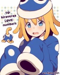  alternate_color blonde_hair blue_eyes blue_headwear blue_shirt blush commentary female hair_between_eyes hat highres long_sleeves looking_at_viewer numbers_(pigpenandpaper) open_mouth personification pokemon pokemon_(creature) polka_dot polka_dot_background shiny_pokemon shirt shuckle sleeves_past_fingers sleeves_past_wrists sweat upper_body wavy_mouth white_background 