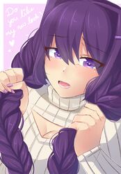  alternate_hairstyle artist_name braid breasts cleavage cleavage_cutout clothing_cutout commentary doki_doki_literature_club english_commentary english_text eyes_visible_through_hair female hair_between_eyes hair_ornament hairclip highres holding holding_own_hair large_breasts long_hair long_sleeves looking_at_viewer nail_polish open_mouth purple_eyes purple_hair purple_nails raion_(raionart) ribbed_sweater solo sweater turtleneck turtleneck_sweater twin_braids upper_body white_sweater yuri_(doki_doki_literature_club) 