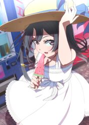  ajapar birthday black_hair collarbone commentary_request dress eating female food grey_eyes hat highres jewelry long_hair looking_at_viewer love_live! love_live!_nijigasaki_high_school_idol_club love_live!_school_idol_festival_all_stars necklace one_side_up popsicle sidelocks solo watermelon_bar white_dress yuki_setsuna_(love_live!) 