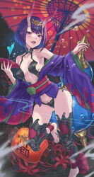  absurdres bare_shoulders barefoot black_panties blush bob_cut breasts collarbone commentary_request covered_nipples cup enporion eyeliner fate/grand_order fate_(series) feet female hair_between_eyes highres holding holding_cup horns japanese_clothes kimono looking_at_viewer makeup navel obi oil-paper_umbrella oni open_clothes open_kimono open_mouth panties purple_eyes purple_hair purple_kimono revealing_clothes sakazuki sash short_hair short_kimono shuten_douji_(fate) skin-covered_horns small_breasts solo thick_eyebrows toes tongue tongue_out umbrella underwear 