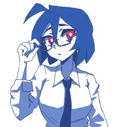  adjusting_eyewear ahoge black_necktie blue_theme breasts collared_shirt earrings female glasses hcnone jewelry large_breasts long_sleeves looking_at_viewer necktie office_lady original pink_eyes rectangular_eyewear shirt short_hair skye_(hcnone) solo upper_body white_shirt 