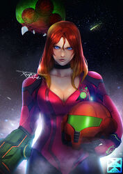  absurdres alien alternate_hair_color arm_cannon artist_name artstation_username assault_visor black_bodysuit black_choker blue_eyes bodysuit breasts choker cleavage commentary female green_visor hair_down helmet highres holding holding_helmet justin_bailey large_breasts lips long_hair looking_at_viewer metroid metroid_(classic) metroid_(creature) multicolored_bodysuit multicolored_clothes plunging_neckline purple_bodysuit red_hair samus_aran science_fiction shooting_star signature solo_focus space unworn_headwear unworn_helmet watermark weapon web_address xuuikie_ashe 