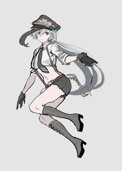  azur_lane black_gloves black_legwear black_shorts boots commentary_request cuffs echj female gloves grey_background grey_hair hat highres long_hair looking_at_viewer minsk_(azur_lane) minsk_(thunderous_jailor)_(azur_lane) navel necktie official_alternate_costume photoshop_(medium) police police_hat police_uniform policewoman purple_eyes shirt shorts smile solo strapless uniform very_long_hair white_shirt 