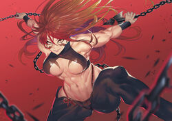  abs bare_shoulders blonde_hair body_markings breast_tattoo breasts breasts_apart chains commentary facial_tattoo feet_out_of_frame female fuuma_kotarou_(tenkaichi) gradient_hair highres large_breasts long_hair multicolored_hair muscular muscular_female navel obliques orange_eyes orange_hair outstretched_arms pants parted_lips red_background red_eyes red_hair revealing_clothes shuriken simple_background sleeveless smile solo spread_arms stomach tattoo teddy_(khanshin) teeth tenkaichi_nihon_saikyou_bugeisha_ketteisen weapon 