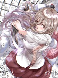  breasts dual_wielding female grey_eyes grey_hair gun hair_between_eyes handgun hat highres holding holding_gun holding_knife holding_weapon kantai_collection knife large_breasts long_hair mini_hat miniskirt pola_(kancolle) red_skirt sabakuomoto shirt skirt solo tilted_headwear wavy_hair weapon white_shirt 