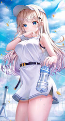  absurdres bare_arms bare_shoulders belt blonde_hair blue_eyes bottle breasts closed_mouth collared_dress commentary cowboy_shot day dress english_commentary female hair_ornament hairclip highres holding long_hair looking_at_viewer medium_breasts mole mole_under_eye original outdoors pocari_sweat racket short_dress sidelocks sleeveless sleeveless_dress solo sportswear standing sweat sweatband tennis_dress tennis_net tennis_racket tennis_uniform thighs visor_cap water_bottle wet white_dress wol_(wol_927) wristband 