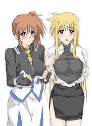  2girls blonde_hair blue_eyes blush bodysuit breasts brown_hair elf_(stroll_in_the_woods) fate_testarossa fingerless_gloves gloves highres long_hair looking_at_viewer lyrical_nanoha mahou_shoujo_lyrical_nanoha mahou_shoujo_lyrical_nanoha_strikers medium_breasts multiple_girls multiple_views open_clothes purple_eyes red_eyes side_ponytail side_slit smile takamachi_nanoha takamachi_nanoha_(exceed_mode) tsab_executive_military_uniform 