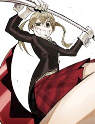  absurdres arms_up blonde_hair female gloves green_eyes grin hair_between_eyes highres holding holding_scythe holding_weapon looking_at_viewer maka_albarn medium_hair plaid plaid_skirt red_skirt scythe simple_background skirt smile solo soul_eater teeth toot twintails weapon white_background white_gloves wrist_cuffs 