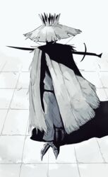  1boy absurdres cloak commentary_request greyscale hat highres korean_commentary male_focus monochrome original shaded_face solo straw_hat sword talons toot walking weapon weapon_on_back 